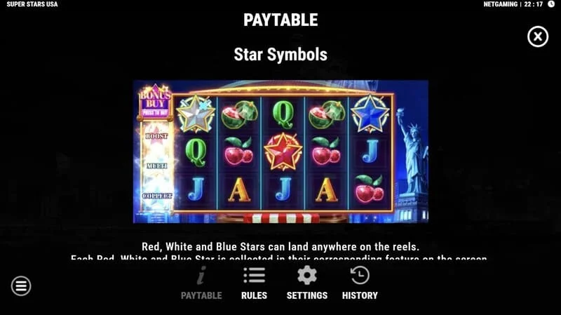 Super Stars USA - symboly hvězd v Hold & Win